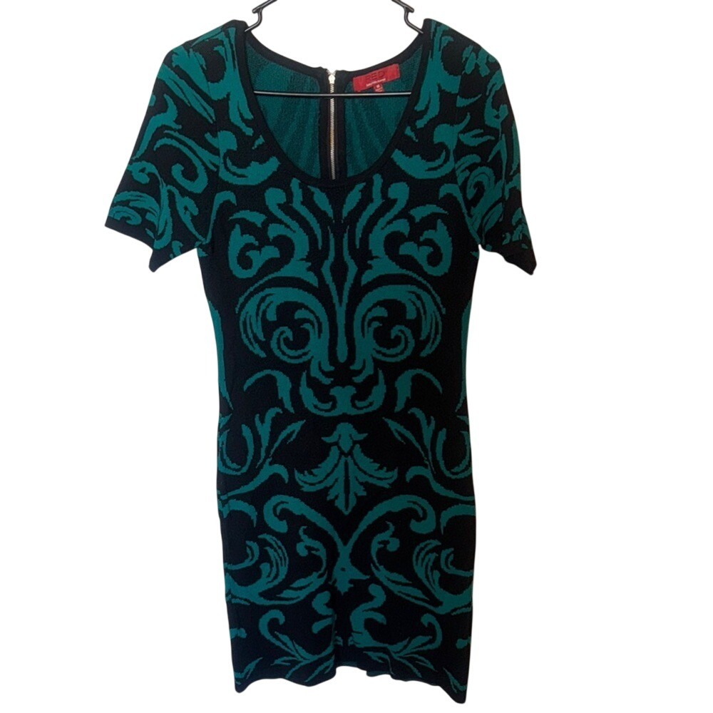 RED Saks Fifth Avenue Teal Black Damask Knit Bodycon Mini‎ Dress Short Sleeve M